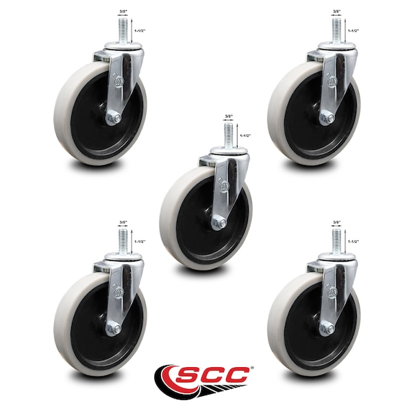 5 Inch Thermoplastic Rubber Wheel 3/8 Inch Threaded Stem Caster SCC, 5PK